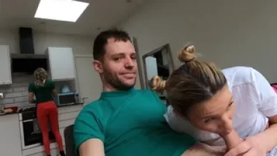 Steamy Sofa Blowjob with Massive Cumshot While Friend Cooks
