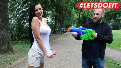 BumsBesuch - Big Tits Brunette German Chick Fucks Fan for the first Time - LETSDOEIT