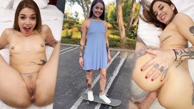 Inked Busty Skater Girl Vanessa Vega in Skateboarding and Squirting in Public