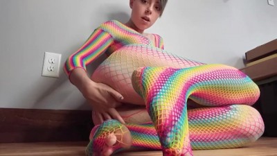 Rainbow fishnet sweet babe herself fingering