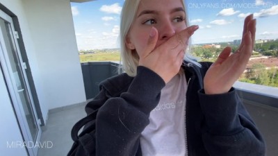 Beauty Amateur Teen Mira gives Blowjob on Public Balcony (+18)
