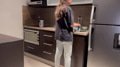 Wife fucked hard with tongue while washing dishes in the kitchen, getting her to cum before her step